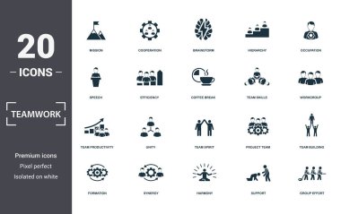 Takım çalışması simgeleri koleksiyonu ayarlar. Misyon, İşbirliği, Beyin Fırtınası, Hiyerarşi, İşgal, Birlik ve Takım Ruhu prim simgeleri gibi basit unsurları içerir