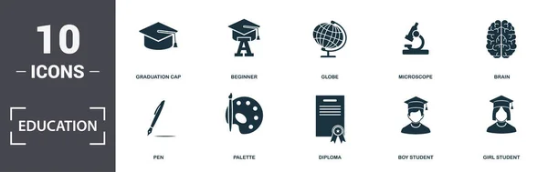 Iconos de educación colección conjunto. Incluye elementos simples como Átomo, Pluma, Paleta, Diploma, Student Boy, Chat y House iconos premium — Vector de stock