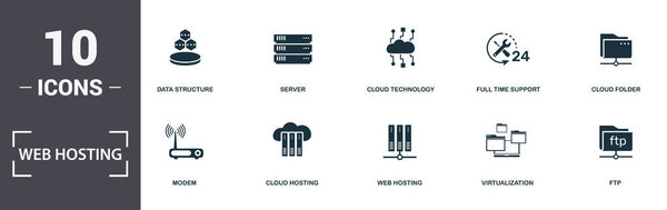 Коллекция иконок хостинга. Включает в себя такие простые элементы, как "Ошибка", "Модем", "Хостинг", "Веб-хостинг", "Виртуализация" и "Пул Swift".
