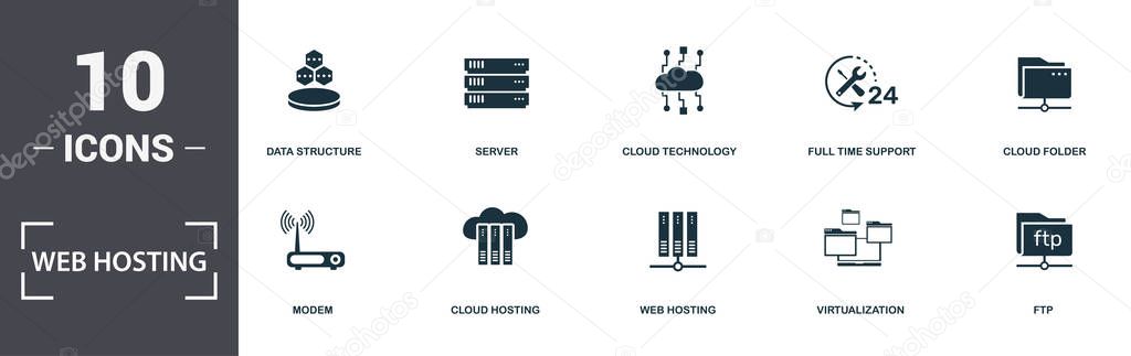 Web Hosting icons set collection. Includes simple elements such as Server Error, Modem, Cloud Hosting, Web Hosting, Virtualization, and Pool Swimming premium icons