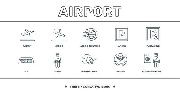 Аэропорт набор иконок коллекции. Включает простые элементы, такие как взлет, посадка, кругосветка, парковка, детская парковка, башня аэропорта и взлетно-посадочная полоса премиум-класса. — стоковый вектор