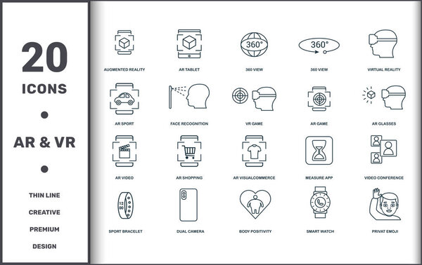 Коллекция значков устройств. Включает в себя творческие элементы, такие как Дополненная реальность, 360 Вид, 360 Вид, Виртуальная реальность, Дополненная реальность покупки и дополненная реальность Торговля премиум иконки
