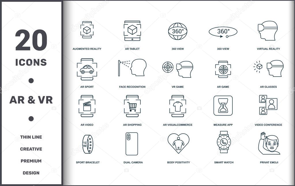 Visual Device icons set collection. Includes creative elements such as Augmented Reality, 360 View, 360 View, Virtual Reality, Augmented Reality Shopping and Augmented Reality Commerce premium icons.