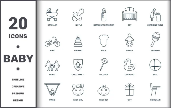 Baby Things colección de iconos conjunto. Incluye elementos creativos como cochecito, pezón, botella con chupete, cuna, mesa de cambio, seguridad infantil e iconos premium de piruleta — Vector de stock