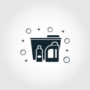 Temizlik Malzemeleri simgesi. Temizleme simgeleri koleksiyonundan tek renkli stil tasarımı. Temizleme malzemelerinin sembolü yalıtılmış simge.