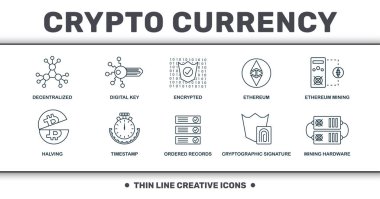 Kripto Para birimi simgeleri ince çizgi seti koleksiyonu. Merkezi olmayan, Dijital Anahtar, Şifreli, Ethereum, Ethereum Madencilik, Timestamp ve Sipariş Kayıtları prim simgeleri gibi yaratıcı öğeleri içerir