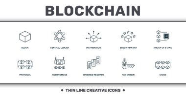 Blockchain ayar simgeleri koleksiyonu. Blok, Merkezi Genel Muhasebe, Dağıtım, Blok Ödülü, Hisse Kanıtı, Özerk ve Sıralı Kayıtlar prim simgeleri gibi basit öğeleri içerir