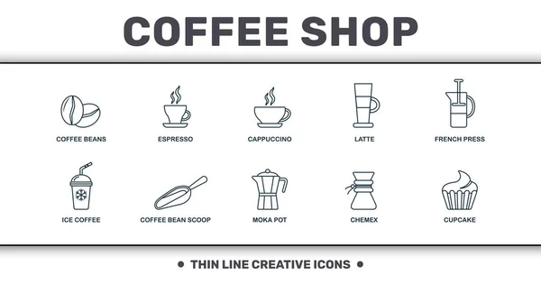Coffe 상점 세트 아이콘 컬렉션입니다. 커피 콩, 에스프레소, 카푸치노, 라떼, 프렌치 프레스, 커피 빈 스쿱, 모카 팟 프리미엄 아이콘 과 같은 간단한 요소가 포함되어 있습니다. — 스톡 사진