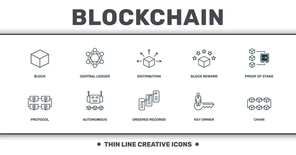 ブロックチェーンセットアイコンコレクション。ブロック、中央元帳、流通、ブロック報酬、ステークの証明、自律および注文レコードプレミアムアイコンなどの単純な要素が含まれています — ストック写真