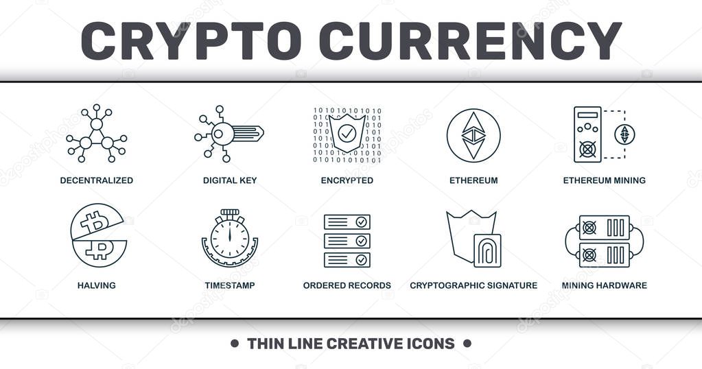 Crypto Currency icons thin line set collection. Includes creative elements such as Decentralized, Digital Key, Encrypted, Ethereum, Ethereum Mining, Timestamp and Ordered Records premium icons