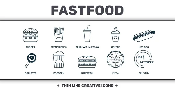 Fastfood Icons Thin Line Set Kollektion. beinhaltet kreative Elemente wie Burger, Pommes frites, Getränk mit Strohhalm, Kaffee, Hot Dog, Pizza und Sandwich Premium-Symbole — Stockvektor