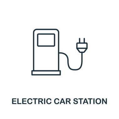 Elektrikli Otomobil İstasyonu anahat simgesi. Şehir öğeleri simgeleri koleksiyonundan ince stil tasarımı. Elektrikli otomobil istasyonu simgesipiksel mükemmel sembolü. Web tasarımı, uygulamalar, yazılım, baskı kullanımı