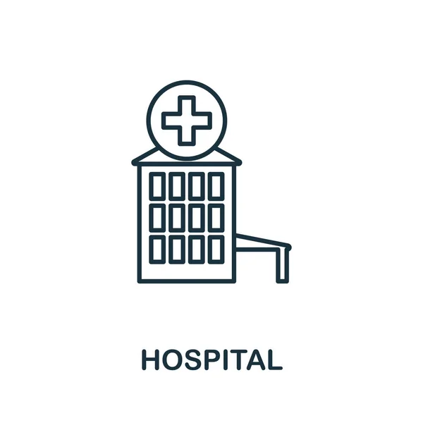 病院のアウトラインアイコン。都市要素アイコンコレクションから薄いスタイルのデザイン。病院のアイコンのピクセル完璧なシンボル。Web デザイン、アプリ、ソフトウェア、印刷の使用状況 — ストックベクタ