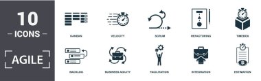 Çevik simge seti. Düz bir birikim, iş çevikliği, tahmin, kolaylık, bütünleşme, Kanban, Refactoring, Scrum, Zaman Kutusu, Hız simgeleri içeriyor. Düzenlenebilir biçim