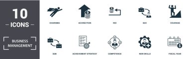 İş Yönetimi simgesi seti. Düz karizma, yeterlilik, perspektif vizyonu, cesaret, b2b, b2c, ciro simgeleri içerir. Düzenlenebilir biçim