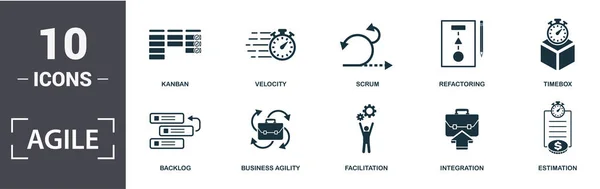 Ensemble d'icônes agiles. Contenir rempli plat Arriéré, Agilité d'affaires, Estimation, Facilitation, Intégration, Kanban, Refactoring, Scrum, Timebox, Icônes de vitesse. Format modifiable — Image vectorielle