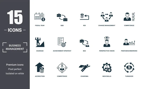 Conjunto de iconos de gestión empresarial. Contener carisma plano lleno, competencia, competencia, estrategia de logro, visión de perspectiva, coraje, nuevas habilidades, evaluación comparativa entre pares, iconos de accrección. Formato editable — Archivo Imágenes Vectoriales