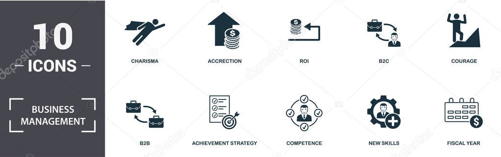 Business Management icon set. Contain filled flat charisma, competence, perspective vision, courage, b2b, b2c, turnover icons. Editable format