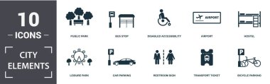 Şehir Elementleri simgesi ayarlandı. Daire dolu engelli erişilebilirliği, halka açık park, havaalanı, araba parkı, sokak kamerası, yemek salonu, elektrikli araba istasyonu, ulaşım bileti ikonları. Düzenlenebilir biçim