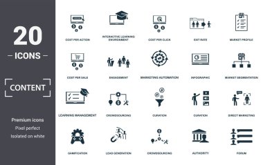 Content icon set. Contain filled flat cost per action, cost per sale, crowdsourcing, curation, engagement, forum, infographic icons. Editable format clipart