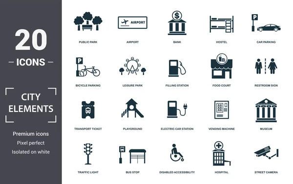 Ikonen för City Elements. Innehåller fyllda platt funktionshindrade tillgänglighet, trafikljus, cykelparkering, parkering, bensinstation, gatukamera, sjukhus ikoner. Redigerbart format — Stock vektor