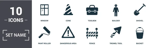 Set di icone Strumenti di costruzione. Contengono secchio piatto pieno, rullo di vernice, pala, cono, martello, presa, gru, icone pinza a nonio. Formato modificabile — Vettoriale Stock