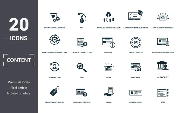 Content icon set. Contain filled flat members only, native advertising, off-page optimization, pagerank, private label rights, responsive web design, return on investment icons. Editable format