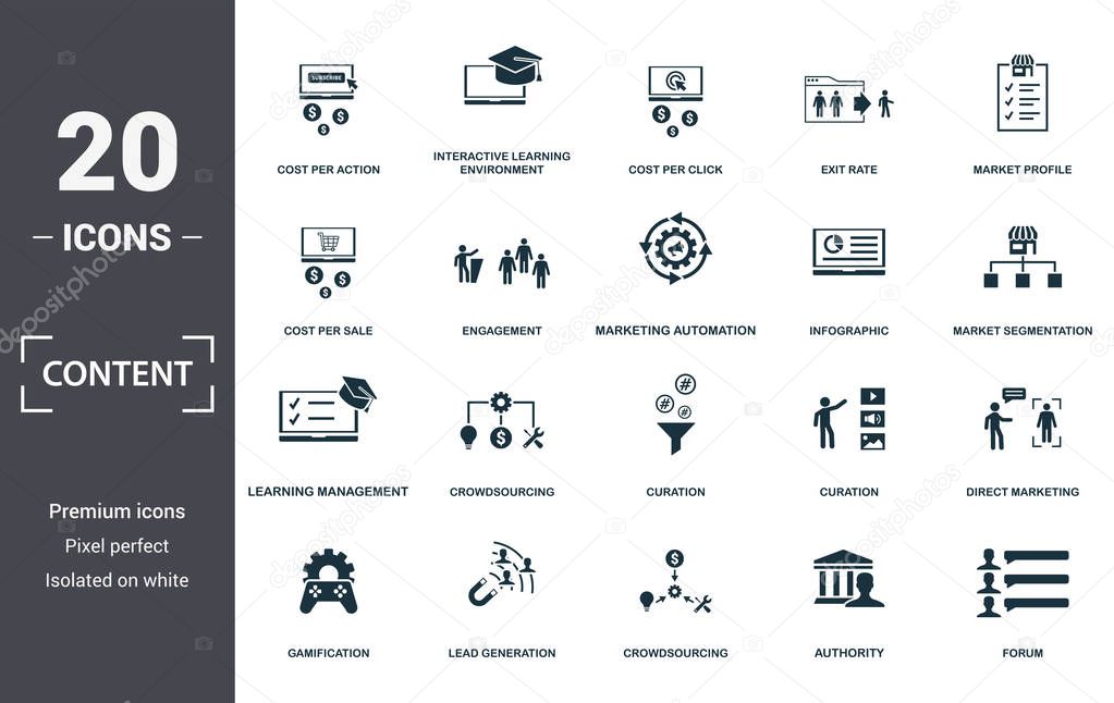 Content icon set. Contain filled flat cost per action, cost per sale, crowdsourcing, curation, engagement, forum, infographic icons. Editable format