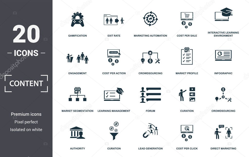 Content icon set. Contain filled flat cms, content plan, content creator, viral content, viral marketing, media plan, social content icons. Editable format