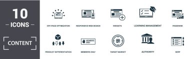 İçerik simgesi seti. Düz teklif, sayfa dışı optimizasyon, özel etiket hakları, ürün farklılaşması, arama motoru pazarlaması, arama motoru sonuç sayfası simgeleri içerir. Düzenlenebilir biçim
