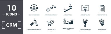 Crm simgesi hazır. Düz kampanya yönetimi, kapalı satış, crm raporlama, crm yazılımı, talep nesli, gerginlik, kurşun dönüşümü, kurşun dönüşüm oranları ikonları içeriyor. Düzenlenebilir biçim
