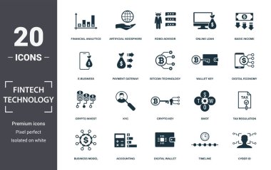 Fintech Teknoloji ikonu seti. Düz temel gelir, bitcoin teknolojisi, vergi düzenlemesi, yapay noosphere, kyc, iş modeli, muhasebe simgeleri içeriyor. Düzenlenebilir biçim