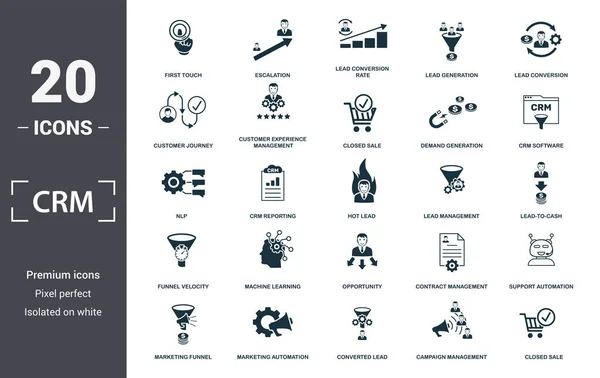 Crm icon set. Содержит заполненную плоскую кампанию, закрытые продажи, конвертируемый свинец, crm-программное обеспечение, путешествие клиента, формирование спроса, первое касание. Формат таблицы — стоковый вектор