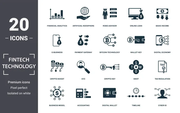 Fintech Teknoloji ikonu seti. Düz temel gelir, bitcoin teknolojisi, vergi düzenlemesi, yapay noosphere, kyc, iş modeli, muhasebe simgeleri içeriyor. Düzenlenebilir biçim