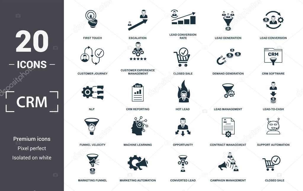 Crm icon set. Contain filled flat campaign management, closed sale, converted lead, crm software, customer journey, demand generation, first touch icons. Editable format