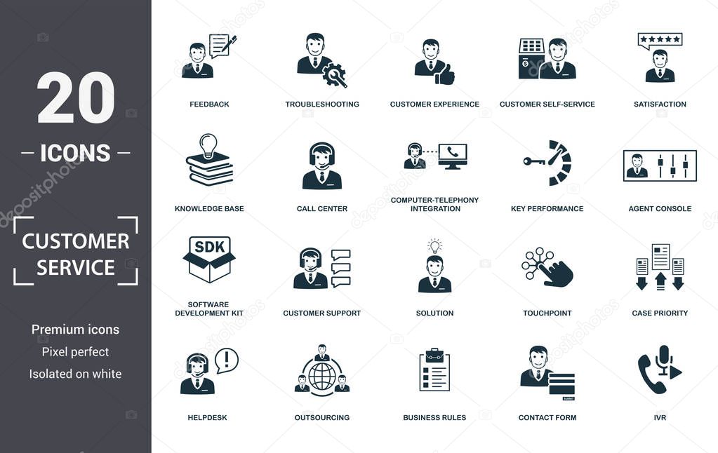Customer Service icon set. Contain filled flat agent console, case priority, customer experience, customer self-service, helpdesk, knowledge base, software development kit icons. Editable format