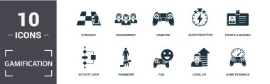 Gamification simgesi seti. Düz oyun dinamikleri, bağlılık, oyun sahası, puanlar ve rozetler, aktivite döngüsü, eğlence, takım çalışması, strateji simgeleri içeriyor. Düzenlenebilir biçim