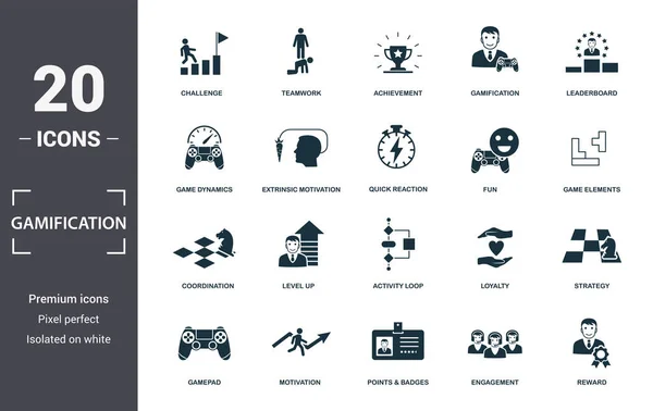 Gamification simgesi seti. Düz oyun dinamiklerini, başarıyı, oyun unsurlarını, puanları ve rozetleri, lider tahtaları, aktivite döngüsünü, simgeleri seviye atlamayı içerir. Düzenlenebilir biçim