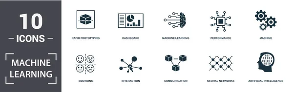 Набор значков машинного обучения. Содержат в себе плоское машинное обучение, машину, приборную панель, искусственный интеллект, эмоции, производительность, нейронные сети, быстрое протезирование. Формат таблицы — стоковый вектор