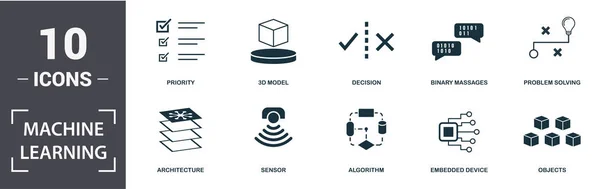 Set di icone di apprendimento automatico. Contengono sensore piatto pieno, algoritmo, modello 3d, priorità, architettura, icone dei dispositivi incorporati. Formato modificabile — Vettoriale Stock
