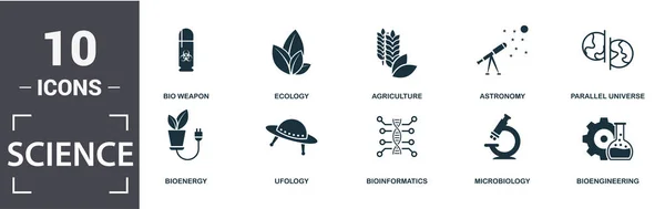 Conjunto de ícones científicos. Contém agricultura plana cheia, bioengenharia, bioinformática, arma biológica, universo paralelo, ufologia, ecologia, ícones de microbiologia. Formato editável — Vetor de Stock