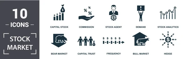 Set di icone del mercato azionario. Contengono riempito mercato piatta orso, mercato dei tori, analisi delle azioni, agente di borsa, capitale azionario, fondo di investimento, domanda, icone di frequenza. Formato modificabile — Vettoriale Stock