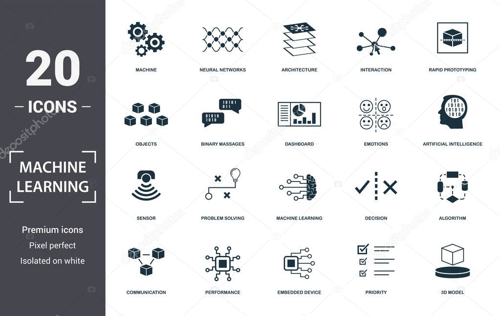 Machine Learning icon set. Contain filled flat machine learning, problem solving, algorithm, artificial intelligence, 3d model, emotions, interaction icons. Editable format