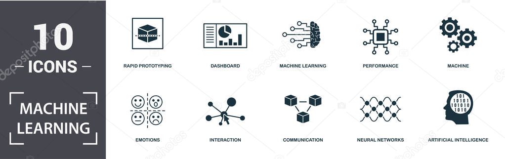 Machine Learning icon set. Contain filled flat machine learning, machine, dashboard, artificial intelligence, emotions, performance, neural networks, rapid prototyping icons. Editable format