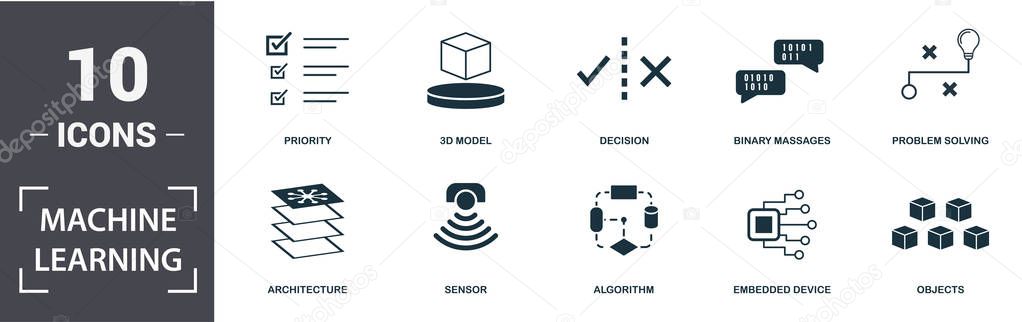 Machine Learning icon set. Contain filled flat sensor, algorithm, 3d model, priority, architecture, embedded device icons. Editable format