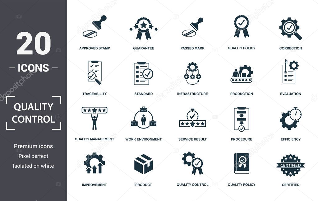 Quality Control icon set. Contain filled flat correction, efficiency, infrastructure, quality policy, traceability, production, guarantee icons. Editable format