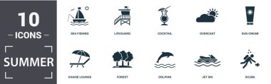 Yaz ikonu seti. Düz uçurtma, deniz balıkçılığı, cankurtaran, kokteyl, bulutlu, güneş kremi, şezlong, orman, yunus, jet ski, dalgıç ikonları. Düzenlenebilir biçim