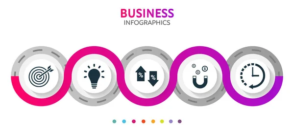Business αφηρημένη 3d infographic στοιχεία. Πρότυπο κύκλο με επένδυση, ακρίβεια, χρονοδιάγραμμα, τοις εκατό, εικονίδια δημιουργικότητας για τη ροή εργασίας, διάγραμμα, web design, digital marketing — Διανυσματικό Αρχείο