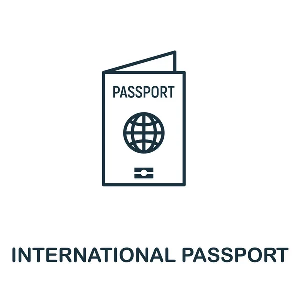 국제 여권 개요 아이콘입니다. 관광 아이콘 컬렉션에서 얇은 라인 개념 요소입니다. 모바일 앱 및 웹 사용을 위한 크리에이티브 인터내셔널 패스포트 아이콘 — 스톡 벡터