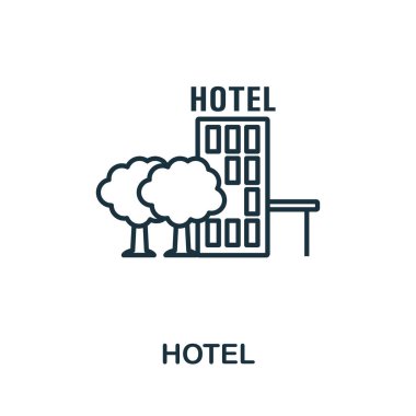 Otel anahat simgesi. Turizm simgeleri koleksiyonundan ince çizgi kavramı öğesi. Mobil uygulamalar ve web kullanımı için Creative Hotel simgesi